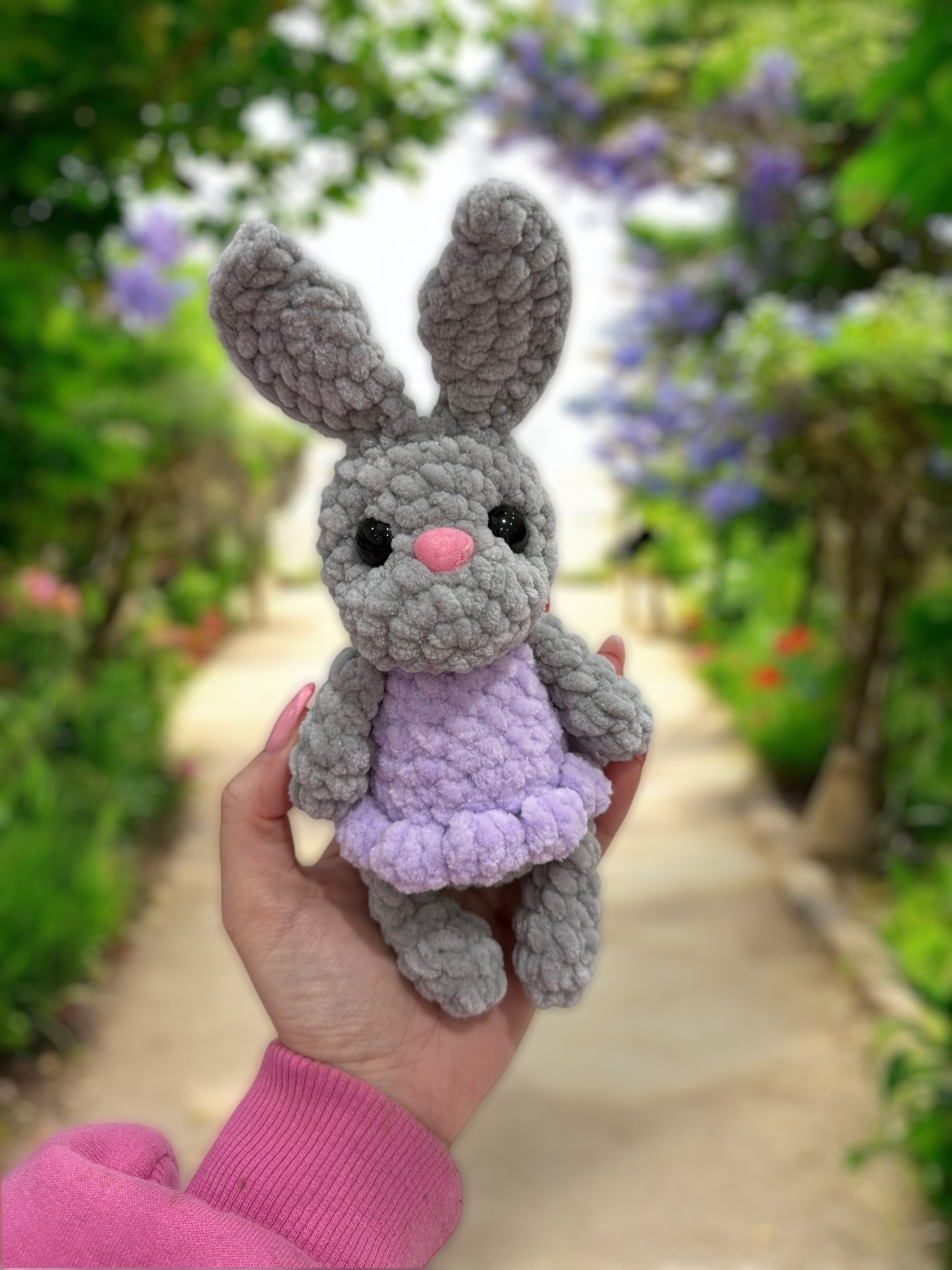 Grey bunny in lilac dress