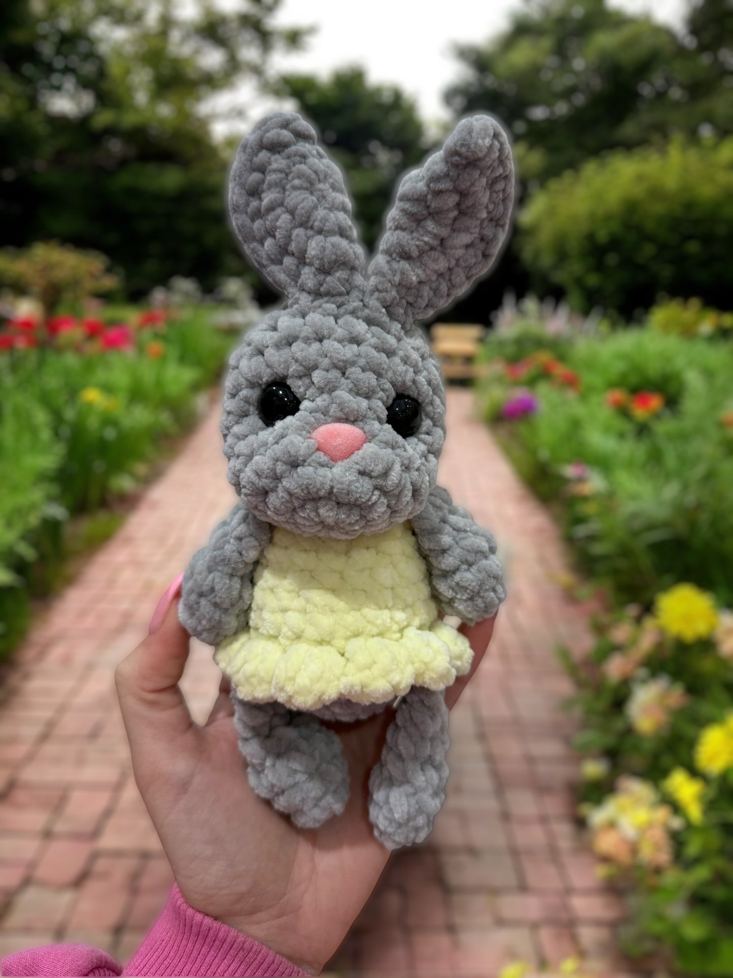 Grey bunny in lemon dress